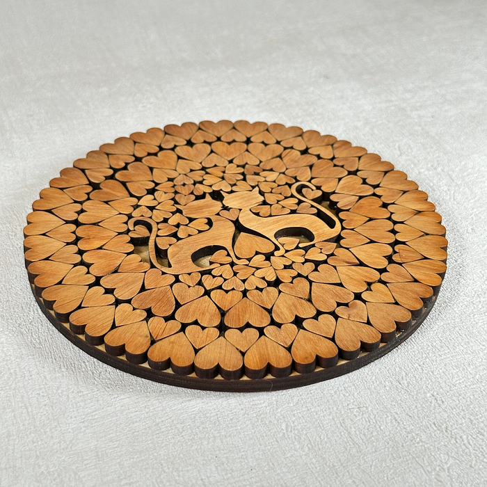 Handmade Wooden Trivet | Cat & Heart Design | Finnish Alder Wood | Coaster