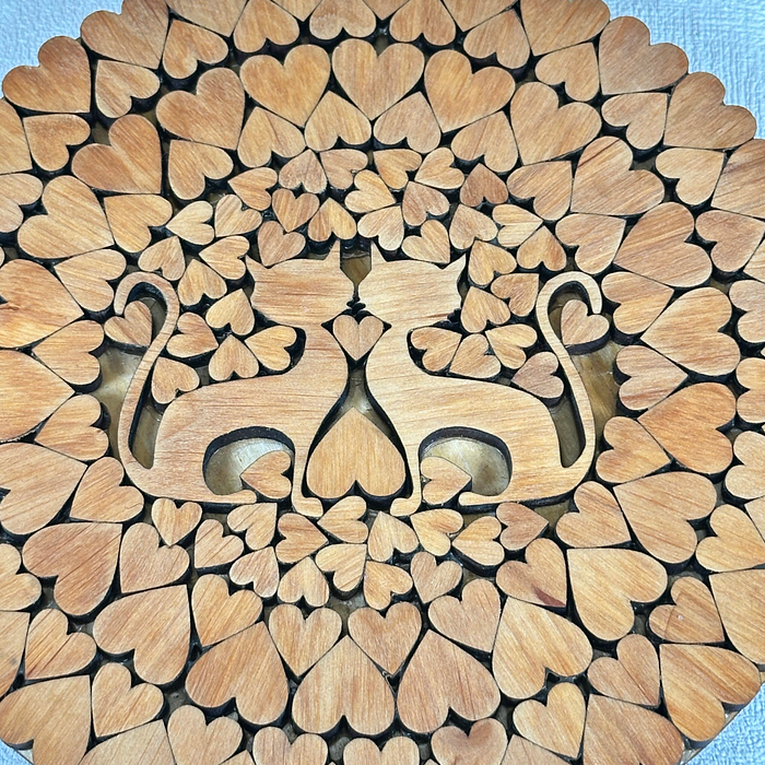 Handmade Wooden Trivet | Cat & Heart Design | Finnish Alder Wood | Coaster