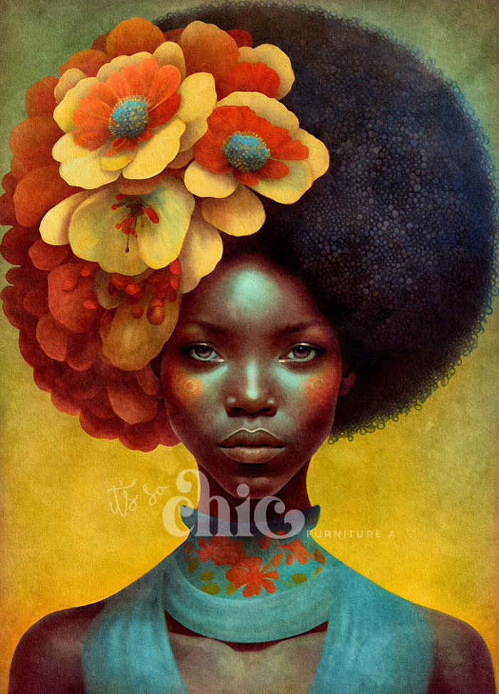 A detailed, vibrant illustration of a woman with dark skin and a large afro adorned with bright, colorful flowers on decoupage paper titled "Woman of the World 5". The background features warm gradients of yellow and green. Text in the foreground reads "It's so chic. Furniture." Available in A1, A2, and A3 sizes as part of the It’s So Chic Furniture Art collection.