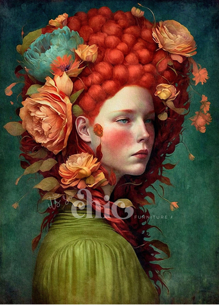 A serene woman with vibrant red hair styled in an elaborate updo adorned with large, colorful flowers, including orange and blue blooms, gazes forward while wearing a green garment. The deep green background enhances the sophisticated ambiance. The text "It’s So Chic Furniture Art" appears prominently.