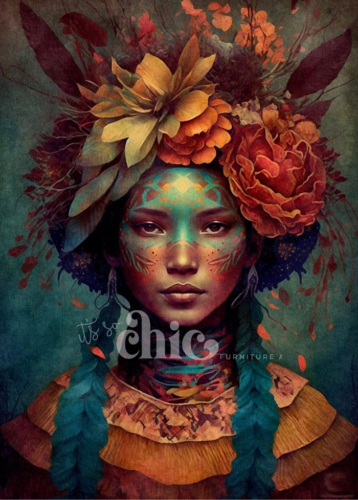 A portrait showcasing a person with a tranquil expression, embellished with intricate and vivid floral headdress and detailed face paint. The headdress boasts lively green, yellow, and orange blossoms. The backdrop features a dark, richly textured setting adorned with foliage. Superimposed text on the image proclaims "Woman of the World 1" from It’s So Chic Furniture Art Decoupage Paper.