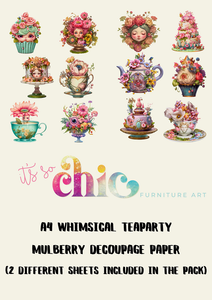 An image displays whimsical teaparty-themed artwork with various intricate designs of teapots, teacups, and floral motifs. The text reads: "Decoupage Paper | Craft Paper | Whimsical Teaparty (2 different sheets included in the pack) | A4 Mulberry | It’s So Chic Furniture Art".