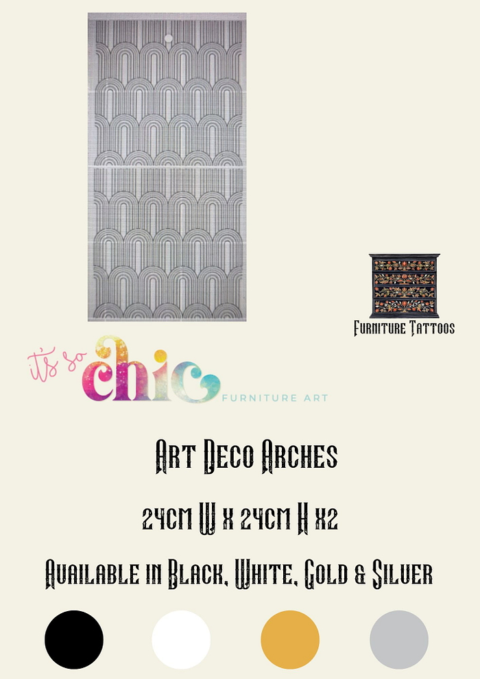 A graphic displays "Damask Set" patterns for furniture decoration, with each vinyl decal measuring 30cm by 24cm and some smaller ones measuring 10cm by 8cm. Colors available include black, white, gold, and silver. The "It's So Chic Furniture Art" logo and "Furniture Tattoos" text are also included.