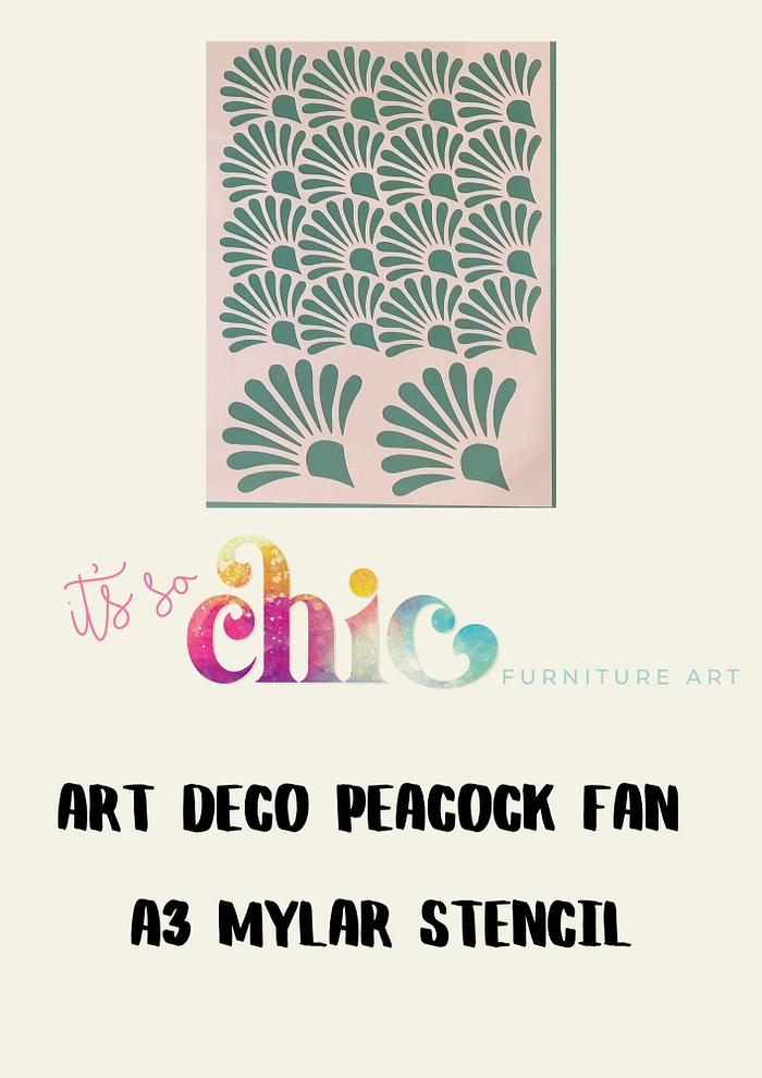 A Mylar stencil featuring a damask duo design is displayed on a beige background. Underneath, text reads "It’s So Chic Furniture Art," followed by "Damask Duo A3 Mylar Stencil" in bold, black lettering.