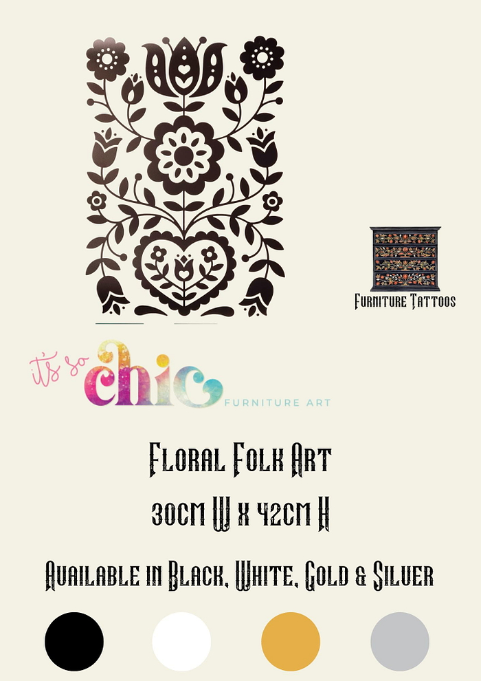 Illustration of a damask design in black on a cream background. Text reads "Furniture Tattoos | Vinyl Decals | Damask Set, 30cm x 24 cm & 10cm x 8cm x4," Available in Black, White, Gold & Silver." Logos for "It's So Chic" and "Furniture Tattoos" are also present.