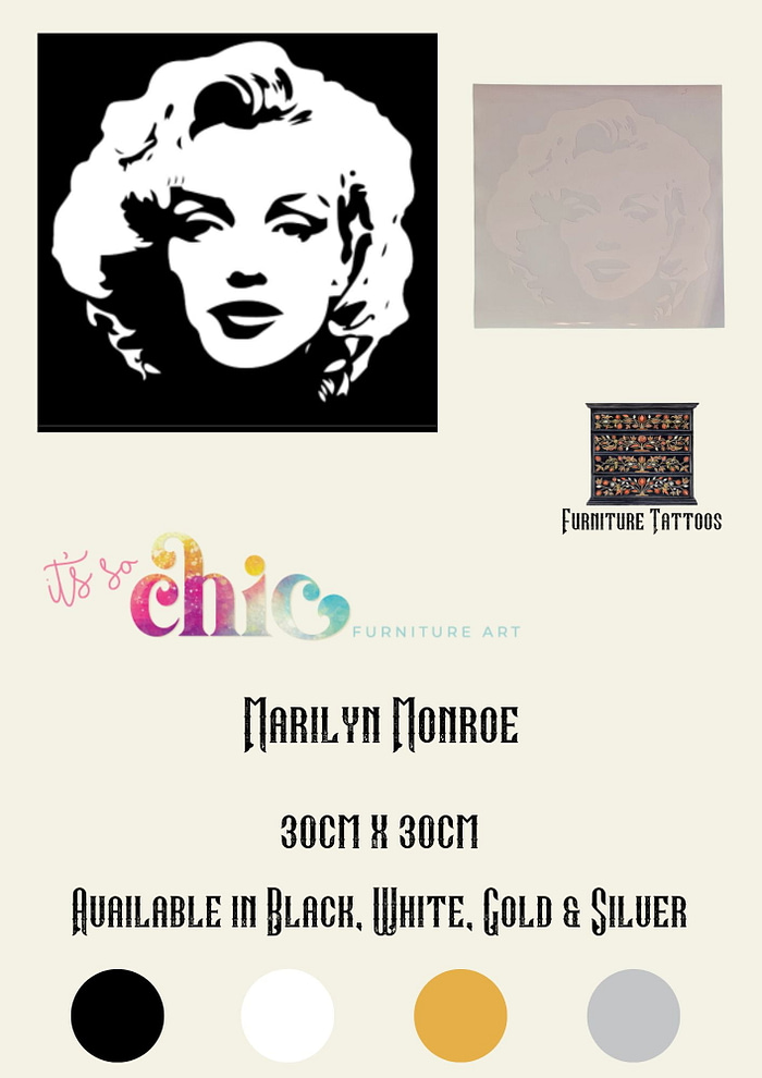 Advertisement for chic Marilyn Monroe artwork by Chic Furniture Art. The ad showcases a stunning black and white portrait of Marilyn Monroe, sized at 30cm x 30cm. This elegant piece is available in four striking colors: black, white, gold, and silver. Also featured in the ad is the phrase "Furniture Tattoos," highlighting the unique nature of this vinyl decal product from the Damask Set collection by It’s So Chic Furniture Art.