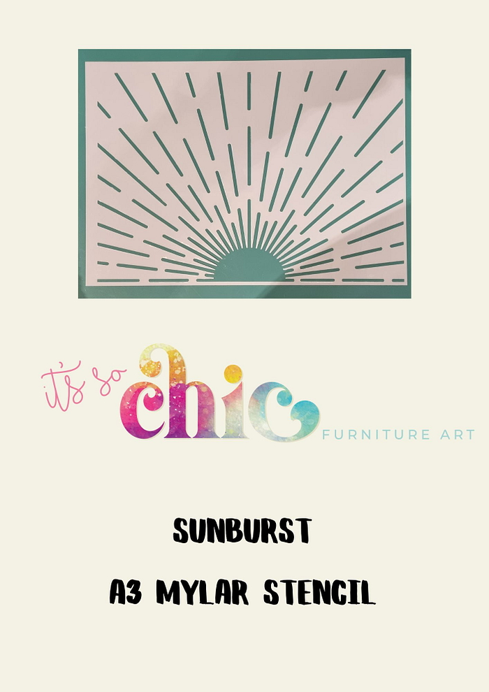 An A3-sized mylar stencil titled "Damask Duo" from "It's So Chic Furniture Art" features an elegant damask design. The "It's So Chic" logo is colorful and whimsical, accompanied by the text "Furniture Art." The entire design is set against a plain background.