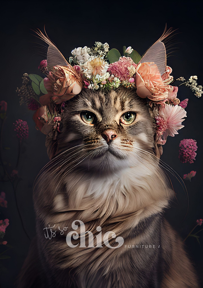 A majestic tabby cat with green eyes, adorned with a crown of colorful roses and baby's breath, gazes confidently forward against a dark background. The text "It's so chic - Furniture" is overlayed at the bottom. This captivating image is featured on our Decoupage Paper | Craft Paper | Floral Cat, available in A1, A2, and A3 sizes from It’s So Chic Furniture Art.