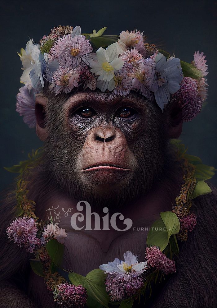 A chimpanzee adorned with a floral crown of various colorful flowers sits against a dark, muted background. The chimpanzee also wears a garland of flowers around its neck, adding a whimsical touch to its serious expression. This captivating image is part of the Decoupage Paper | Craft Paper | Floral Chimp collection by It’s So Chic Furniture Art, and is available in sizes A1, A2, and A3.