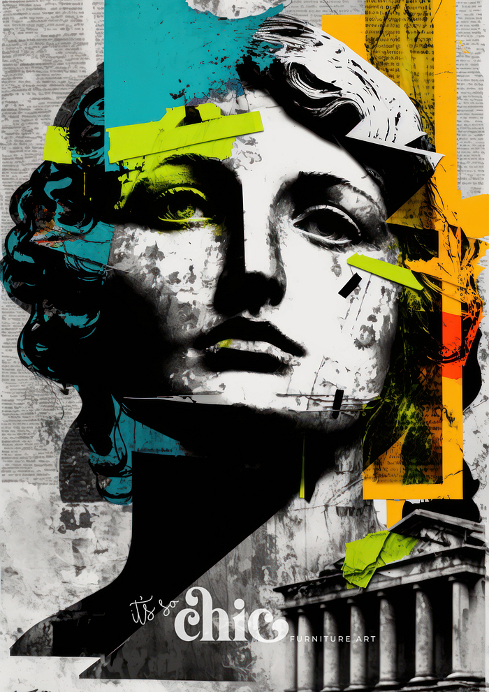 A digital collage showcasing a grayscale statue’s face combined with colorful, abstract elements in blue, yellow, and orange hues. The text "it's so chic" is superimposed on the image, while a section of a classical building can be seen in the bottom right corner. This piece is part of the Decoupage Paper | Craft Paper | Antique Statue | A1/A2/A3 collection titled "It’s So Chic Furniture Art.