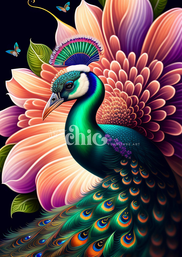 Here's an example of a vibrant illustration featuring a peacock with its colorful, fanned-out tail. The majestic bird stands proudly in front of an intricately designed oversized flower, while glowing butterflies flutter around. This detailed artwork, available on our "Decoupage Paper | Craft Paper | Spotty Dog | A1/A2/A3" by It’s So Chic Furniture Art, showcases the rich and vivid colors and textures of both the peacock and the flower beautifully.