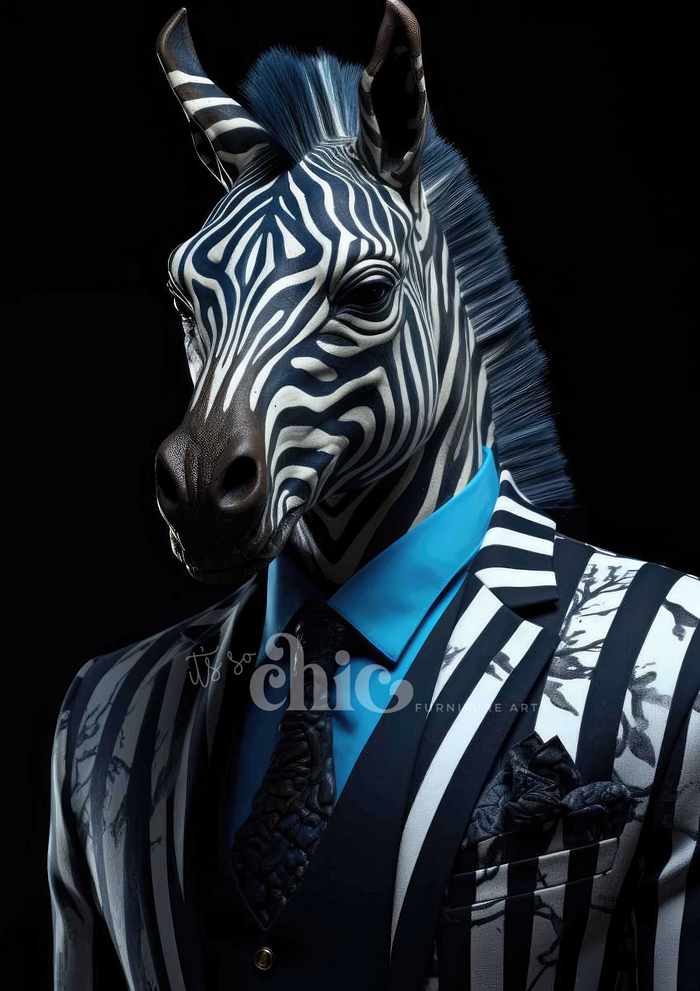 A surreal image features a zebra head on a human body dressed in a stylish, striped suit. The black and white stripes of the zebra's fur blend seamlessly with the suit's design. The figure stands against a dark background, creating a striking and artistic visual, perfect for "Decoupage Paper | Craft Paper | African Tribal Decoupage | A1/A2/A3" from It’s So Chic Furniture Art.