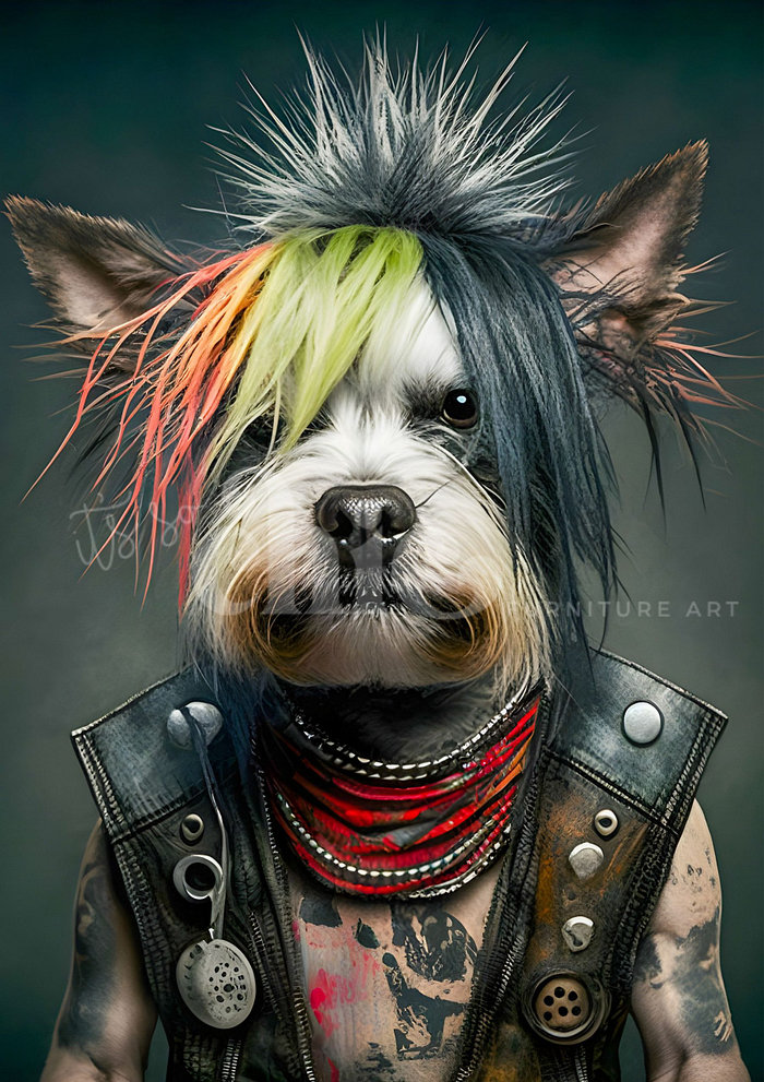 A dog with a punk hairstyle featuring fur dyed in bold spikes of black, green, and orange. The pup sports a black leather vest adorned with studs and a striped red and black bandana against a greenish gradient background – an edgy design captured on the "Decoupage Paper | Craft Paper | Punk Dog | A1/A2/A3" from It’s So Chic Furniture Art.