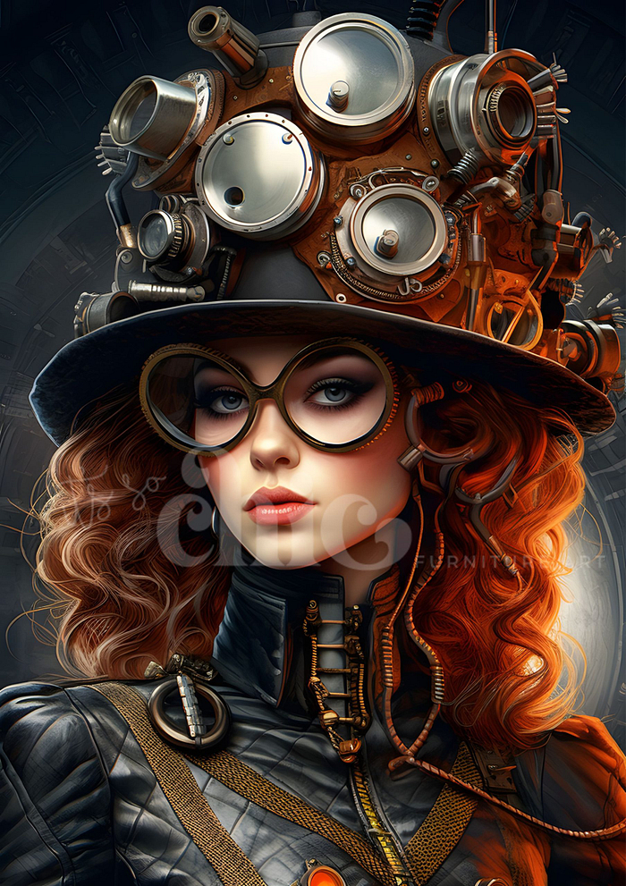 A woman with curly red hair dons steampunk-inspired attire, featuring an intricate metallic hat embellished with gears, gauges, and tubes. She wears distinctive round glasses and exudes a confident expression against a backdrop of mechanical elements, reminiscent of the "Steampunk Cocker" design from It's So Chic Furniture Art's Decoupage Paper collection.