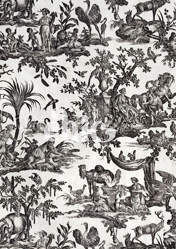 Introducing the Decoupage Paper | Craft Paper | Spotty Dog | A1/A2/A3 by It’s So Chic Furniture Art – a black and white toile de Jouy fabric pattern showcasing people, animals, and trees. The characters are seen playing musical instruments, harvesting crops, and relaxing amidst intricate designs featuring lush foliage and detailed scenery. Perfect for any crafting project!