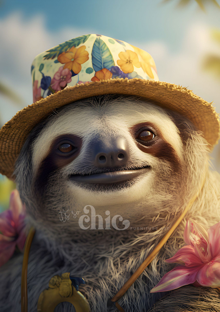 A sloth adorned with a flower-patterned hat and a straw hat featuring a floral accessory around its neck smiles serenely with closed eyes. The background is softly blurred, showcasing a blue sky and lush greenery. The words "Just Chlo Furniture" are subtly inscribed across the sloth's chest on the Decoupage Paper | Craft Paper | Sunny Sloth | A1/A2/A3 from It’s So Chic Furniture Art.