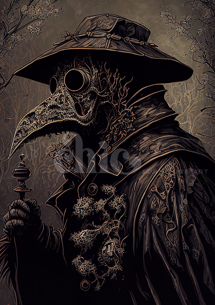 Illustrated image of a plague doctor wearing a beaked mask, wide-brimmed hat, and dark cloak adorned with intricate, branch-like designs. The background features subtle, skeletal tree branches against a muted grayish-brown sky—perfectly captured on the Decoupage Paper | Craft Paper | Steampunk Cocker | A1/A3 from It’s So Chic Furniture Art.