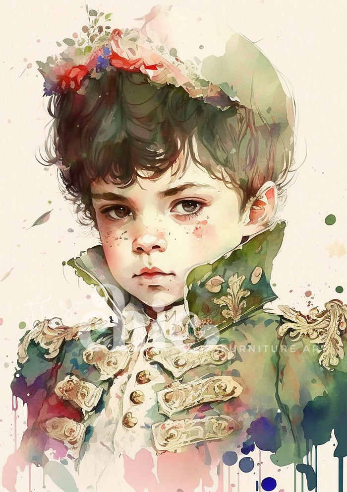 A decoupage paper illustration titled "Little Prince," featuring a young child with curly hair and freckles, wearing an exquisite vintage military-style jacket adorned with intricate gold details. The background is decorated with splashes of various colors, adding an artistic touch. Available in sizes A1, A2, and A3 from It’s So Chic Furniture Art.