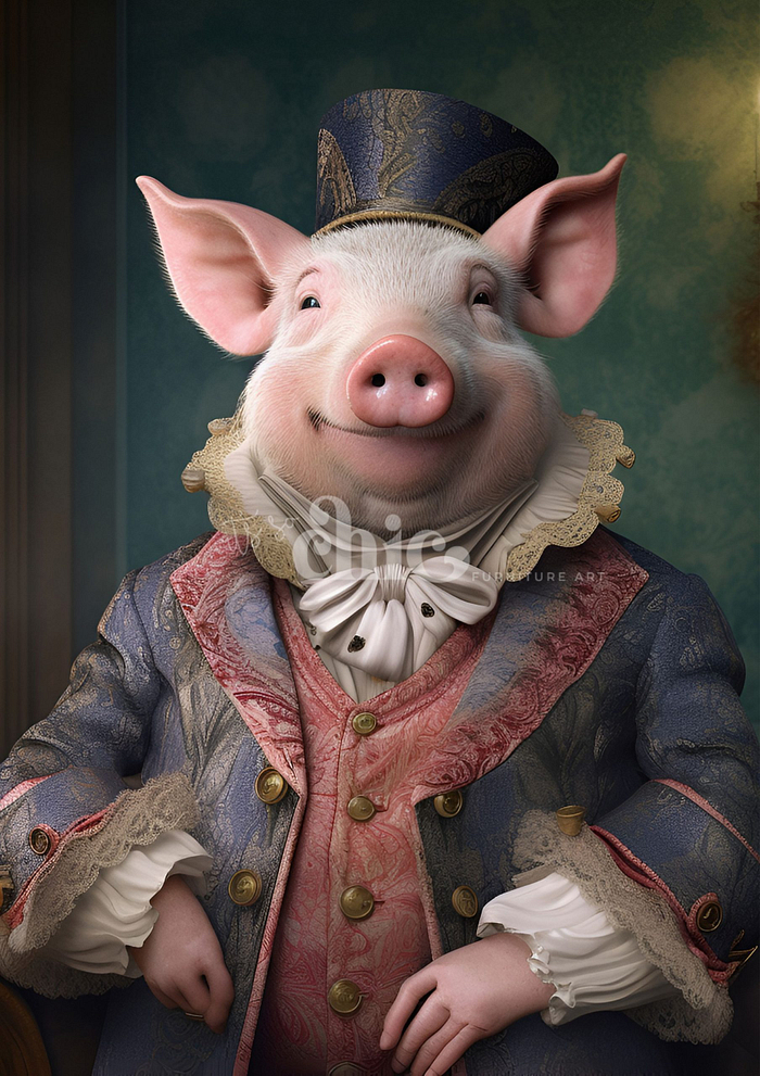 A smiling, anthropomorphic pig stands upright, adorned in elaborately detailed 18th-century-style clothing with a pink waistcoat, blue and gold brocade coat, and a matching feathered hat. The softly lit background showcases a textured blue-green hue. This charming design graces the "Decoupage Paper | Craft Paper | Steampunk Cocker | A1/A3" from It’s So Chic Furniture Art.