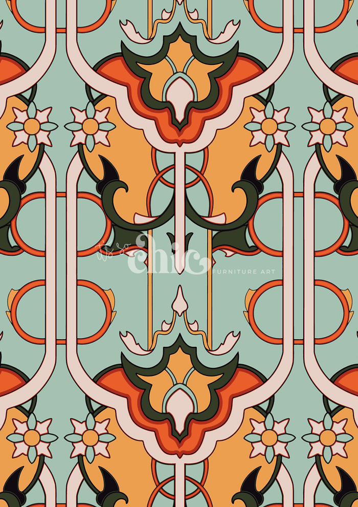 An ornate, colorful Art Nouveau pattern with symmetrical floral and geometric designs. The pattern features a combination of teal, orange, green, and cream tones, with stylized flowers and interwoven shapes. The word "Chic" is overlaid in the center.