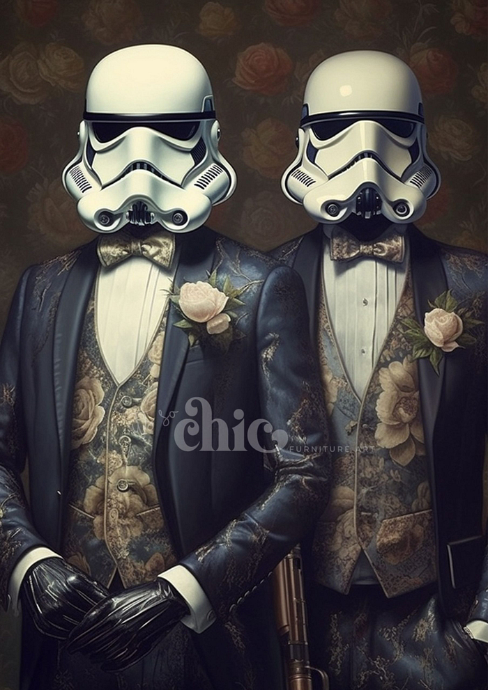 Two individuals dressed in ornate, vintage-style suits with floral patterns and bow ties, wearing Stormtrooper helmets. Both have boutonnieres on their lapels against a dark, floral-themed background created using Decoupage Paper from the "It’s So Chic Furniture Art" collection by Spotty Dog. The word "Chic" is faintly visible near the bottom center.