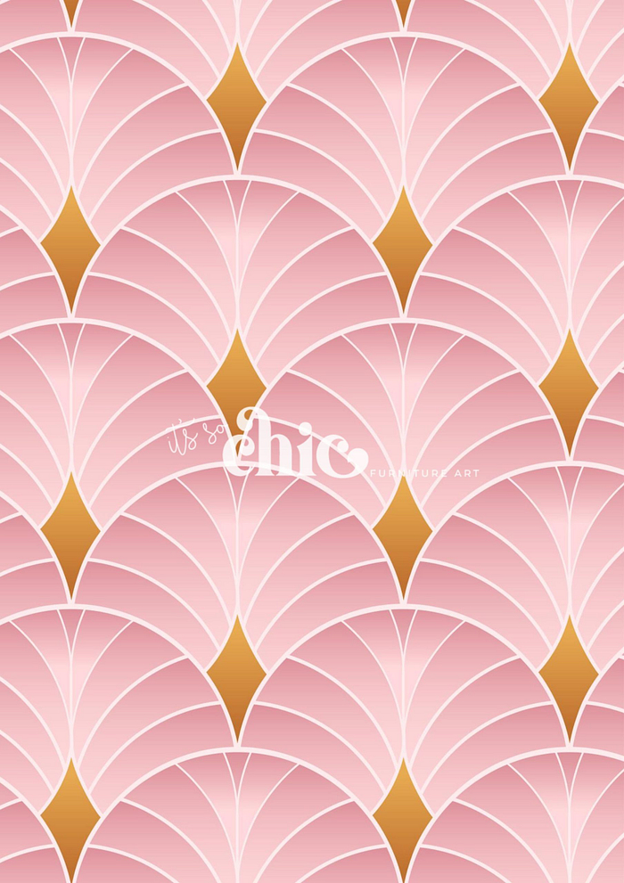 A pattern of overlapping pink and gold fan-shaped leaves in a seamless background is featured on the Decoupage Paper from "It’s So Chic Furniture Art." This design offers a modern, geometric style with clean lines and a repetitive motif that evokes an art deco aesthetic, with each leaf center highlighted by a golden accent. Available in A1, A2, and A3 sizes, this African Tribal Decoupage Craft Paper is perfect for elegant furniture art.