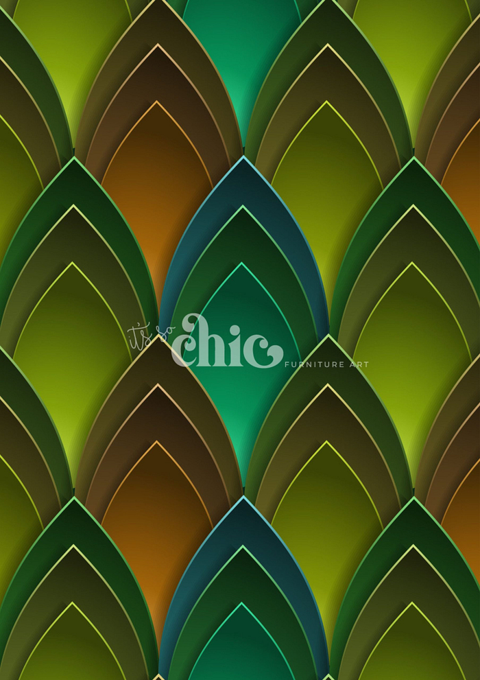 A vibrant and geometric pattern of overlapping leaf shapes in shades of green, brown, and blue is beautifully showcased on the African Tribal Decoupage Paper. The stylish words "It’s So Chic Furniture Art" are written in a sleek white font across the center. The design features a dimensional effect with shadows that highlight the layered appearance.