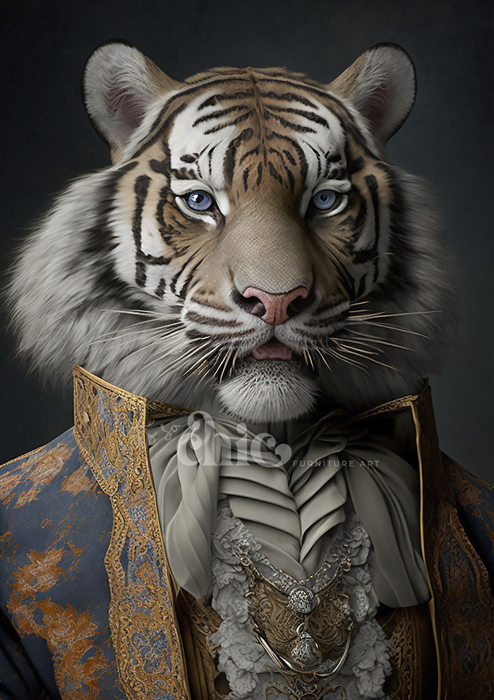 A digitally created portrait of a regal, anthropomorphic tiger dressed in an 18th-century European aristocratic outfit, featuring a richly decorated brocade coat, embroidered waistcoat, and an ornate cravat. The tiger gazes directly with piercing blue eyes — Decoupage Paper | Craft Paper | Steampunk Cocker | A1/A3 | It’s So Chic Furniture Art.