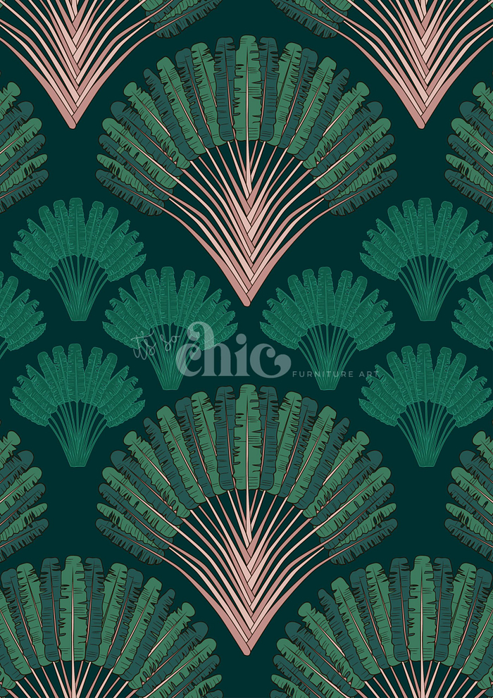 A repeating pattern showing fan-shaped designs with green and pink leaf-like elements on a dark green background. The word "chic" and "furnware art" appears subtly in the center. The pattern resembles a stylish, modern art deco theme.