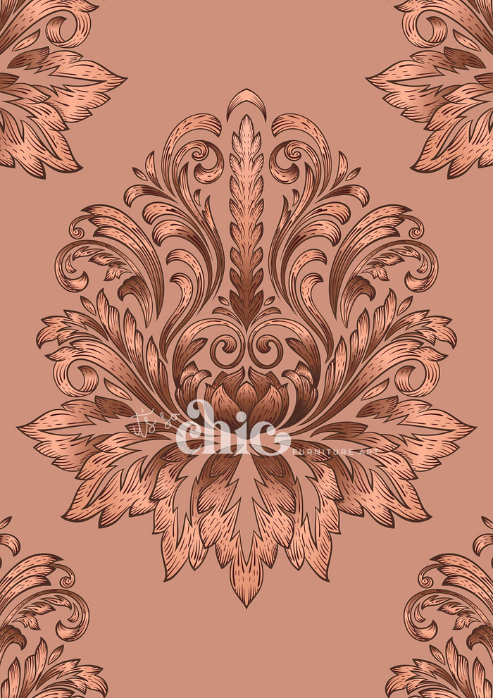 An ornate, symmetrical floral pattern in shades of brown on a salmon pink background. The design features large, intricate leaves and scrolls, creating an elegant and classic look. The word "Chic" is integrated into the design in white cursive lettering.