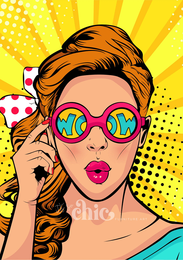 A comic-style illustration from the Decoupage Paper | Craft Paper | Shhh Pop Art collection, featuring a woman with red hair in a polka-dotted bow. She wears large, round sunglasses with the word "WOW" reflected in the lenses and has pink lips. Holding her sunglasses with one hand, she looks surprised against a yellow dotted background, embodying the chic style of It’s So Chic Furniture Art. Available in sizes A1, A2, and A3.