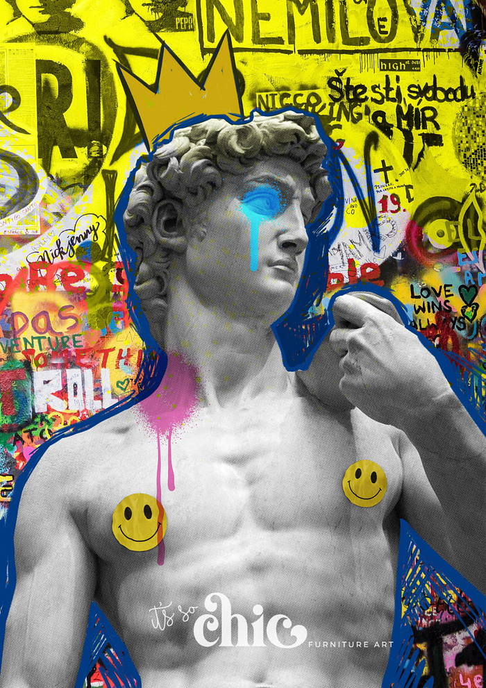 A graffiti-adorned background featuring various colorful tags and phrases surrounds a statue of David, marked with a yellow crown, blue tear, and smiley face stickers on its chest. At the bottom, the text "It’s So Chic Furniture Art" is prominently displayed. The design is available in Decoupage Paper | Craft Paper | Kiss Kiss in sizes A1, A2, and A3.