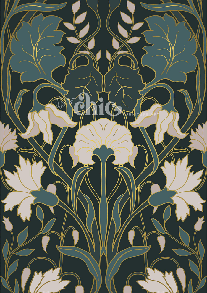 The Decoupage Paper | Craft Paper | African Tribal Decoupage | A1/A2/A3 from It's So Chic Furniture Art features an art nouveau style floral pattern. This design boasts symmetrical arrangements of white and teal flowers with gold outlines set against a dark background. The intricate details of blooming flowers, buds, and fluid, curving leaves contribute to its elegant and sophisticated aesthetic.