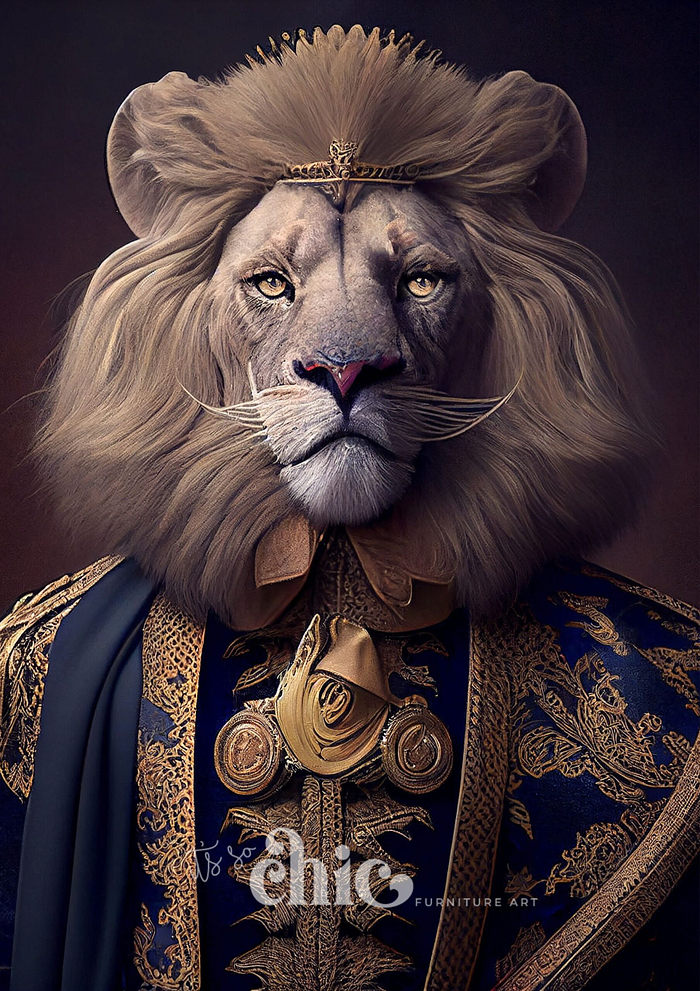 A regal lion named Sir Roaralot, adorned in an ornate crown and luxurious royal attire with intricate gold and navy blue patterns. The lion boasts a majestic mane and an authoritative expression, embodying a noble and kingly persona. Text at the bottom reads "It’s So Chic Furniture Art.