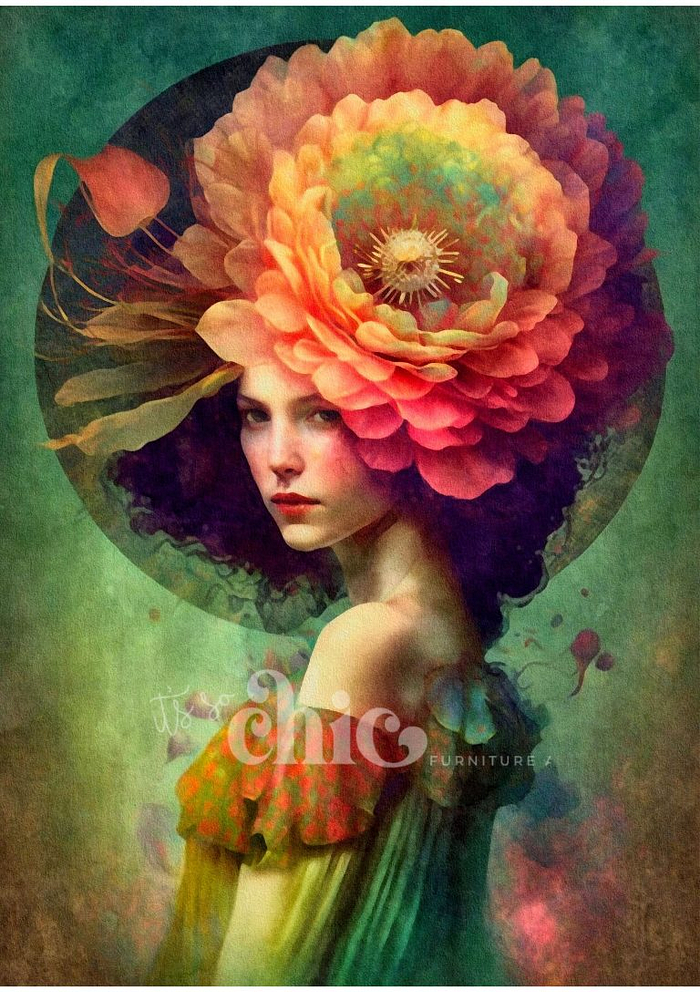 A surreal painting features a woman with a large, colorful flower as her hat, standing against a green textured background. She is dressed in a vibrant off-shoulder dress. The text "be chic" and "It’s So Chic Furniture Art" can be seen at the bottom, suggesting it might be part of an artistic advertisement for Decoupage Paper | Craft Paper | Woman of the World 8 in sizes A1/A2/A3.