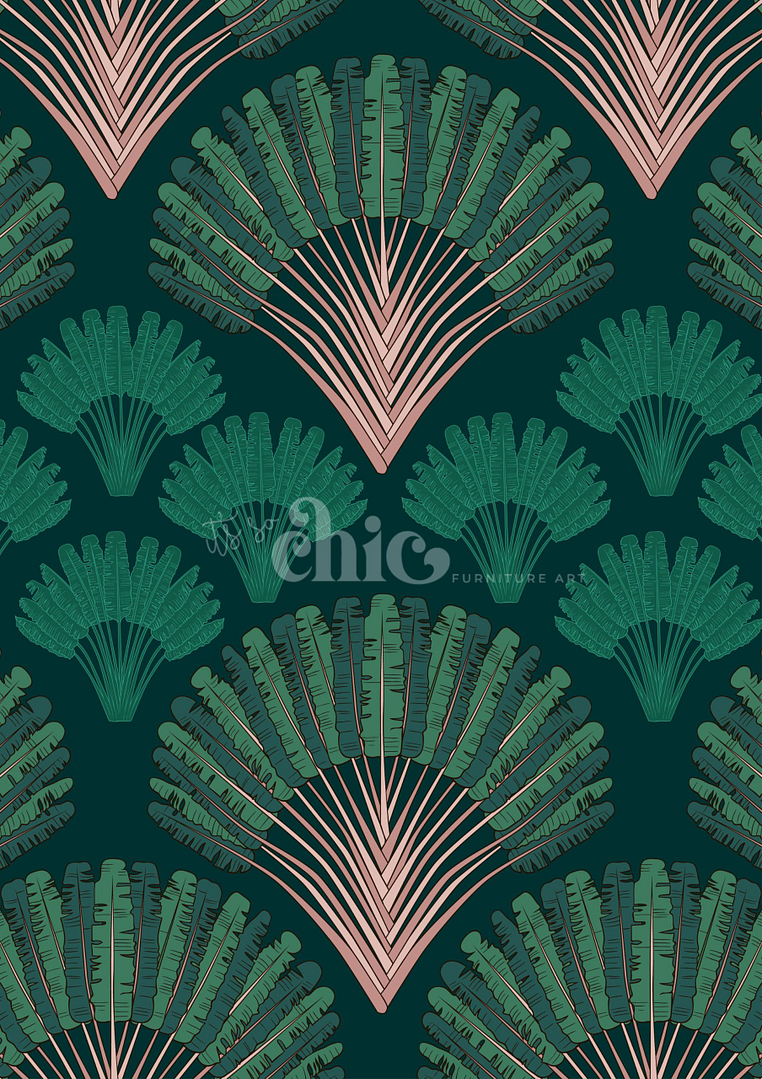 A repeating pattern showing fan-shaped designs with green and pink leaf-like elements on a dark green background. The word "chic" and "furnware art" appears subtly in the center. The pattern resembles a stylish, modern art deco theme.