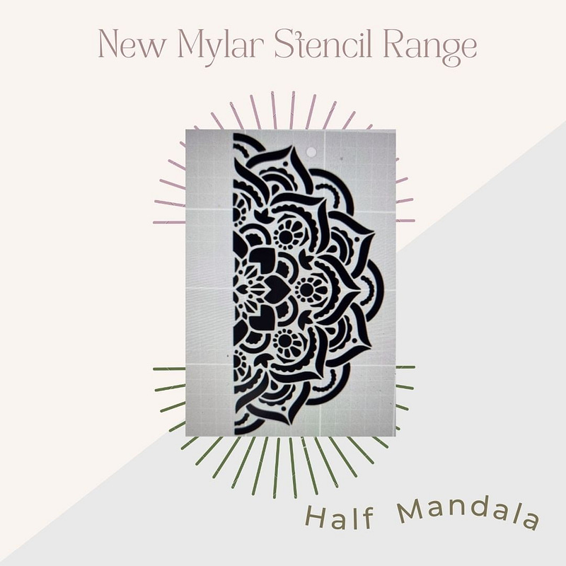 A rectangular stencil featuring a black and white leopard print design is displayed against a split peach and gray background. The text above reads "New Mylar Stencil Range," and "Leopard Print" is written below the stencil in a semi-circle.