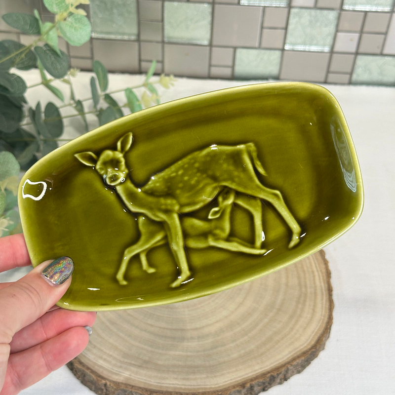 Vintage Poole Pottery Deer Trinket Dish - Olive Green