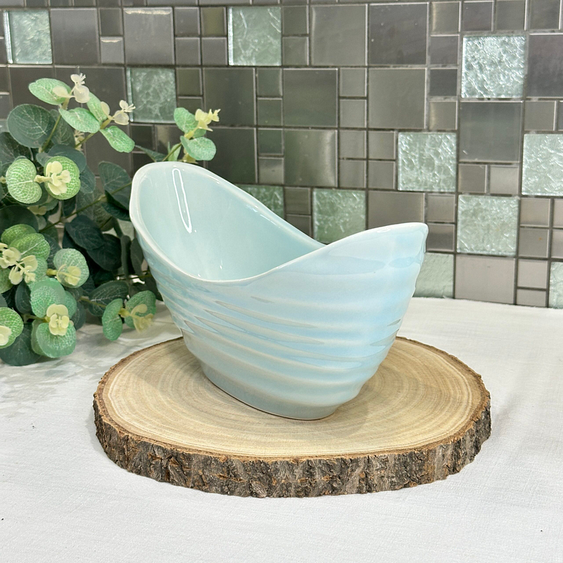 Large Ceramic Canoe Bowl - Blue Ribbed Oval Planter