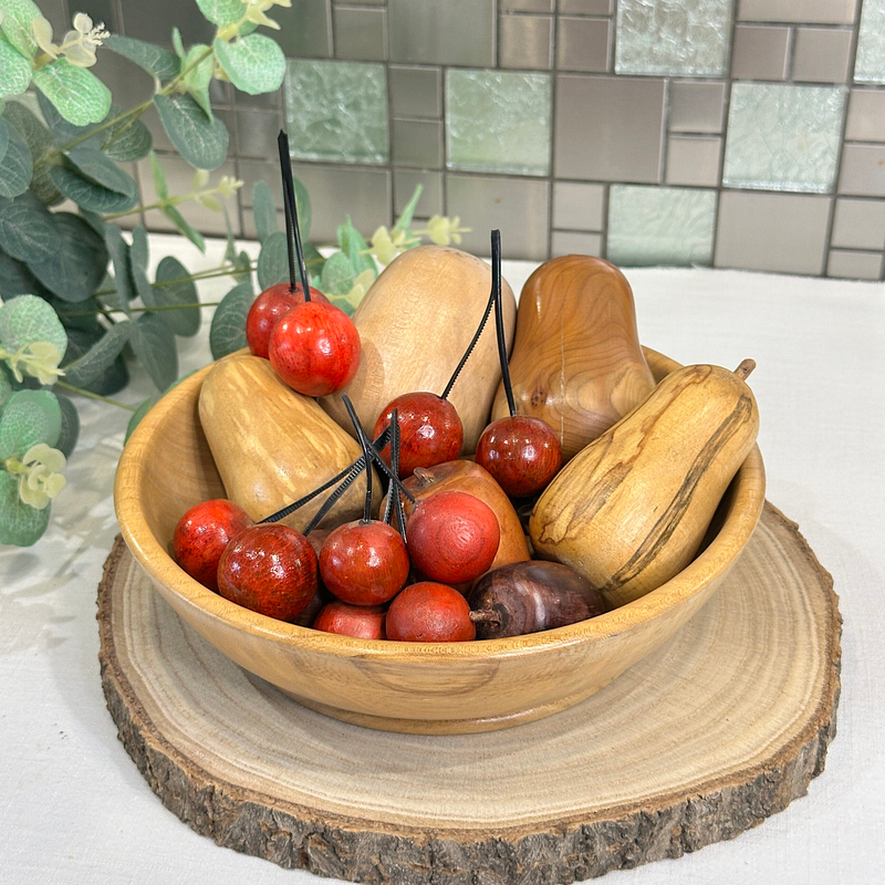 Vintage Hand-Carved Wooden Fruit Bowl with Wood Turned Decorative Fruit