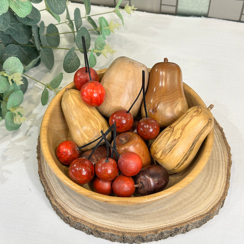 Vintage Hand-Carved Wooden Fruit Bowl with Wood Turned Decorative Fruit