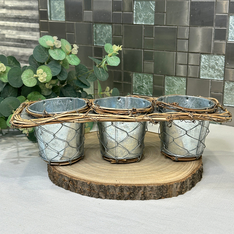 Triple Galvanized Metal Plant Pots with Grapevine Tray - Herb Planter & Utensil Holder