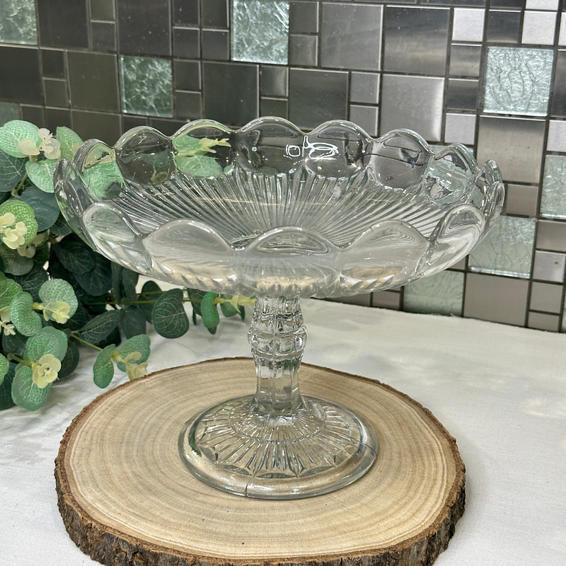 Vintage Glass Cake Stand - Pedestal Dessert Stand with Scalloped Edge