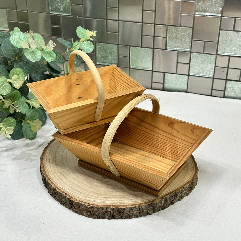 Pair of Vintage French Wooden Baskets with Bentwood Handles