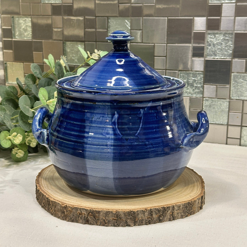 Vintage French Artisan Pottery Tureen - Cobalt Blue Glaze