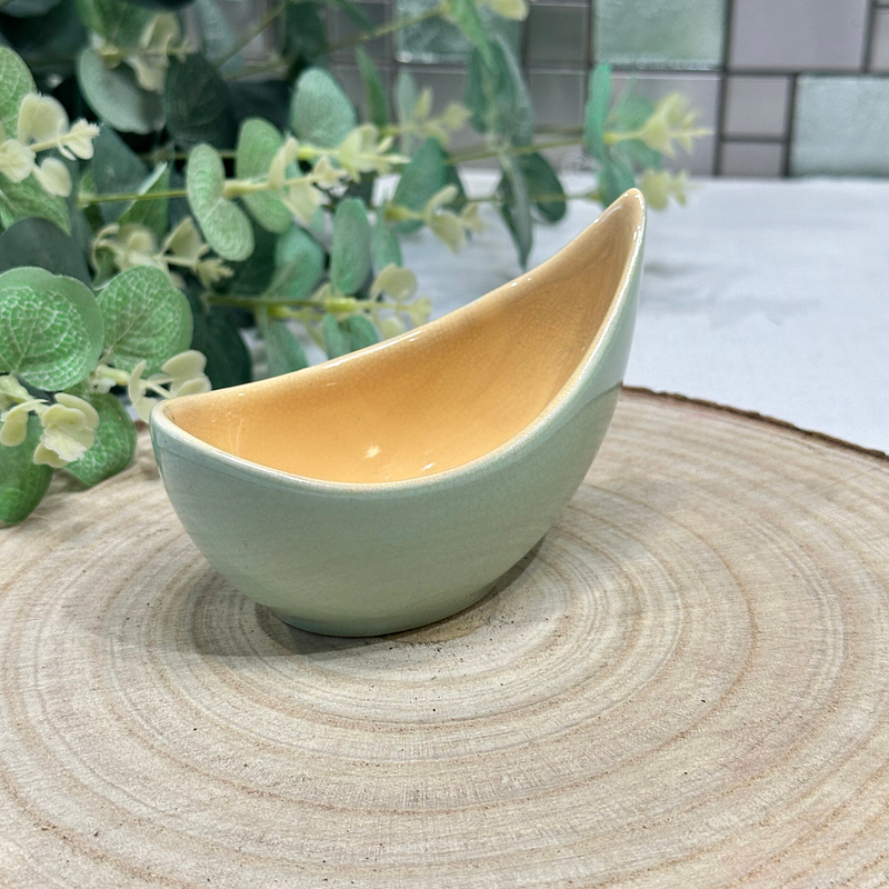 Vintage French Ceramic Lotus Bowl Small Dip Dish Green Yellow Glaze