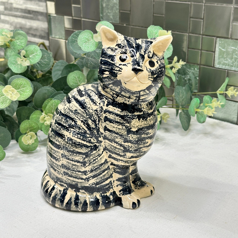 Vintage West Lodge Pottery Cat Figurine Large Ceramic Cream Black Grey Stripes