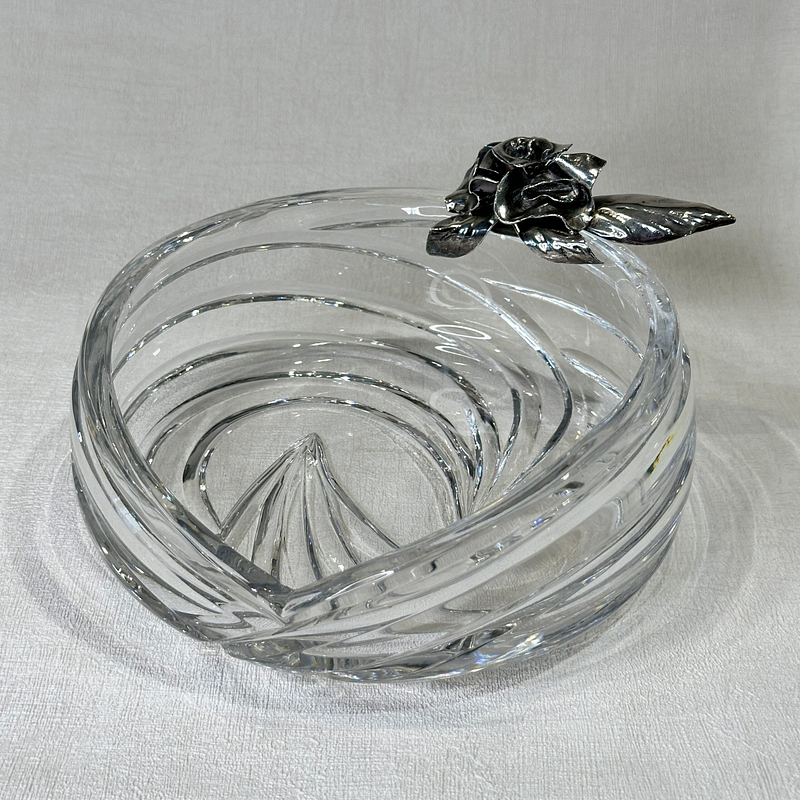 Vintage Pasabahce Crystal Bowl Wave Design Dish Silver Floral Accent Signed Turkey Glass