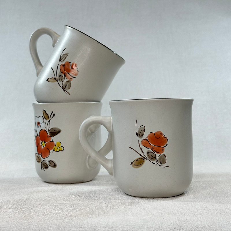 Vintage Floral Stoneware Mug Hand Painted Korea Retro Coffee Tea